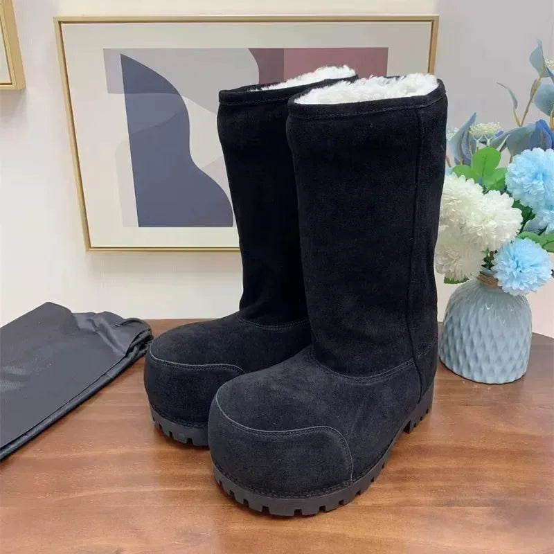 Women's Big Round Toe Suede Fur Knee High Boots Women's 2025 - Plush Fashion Shop #