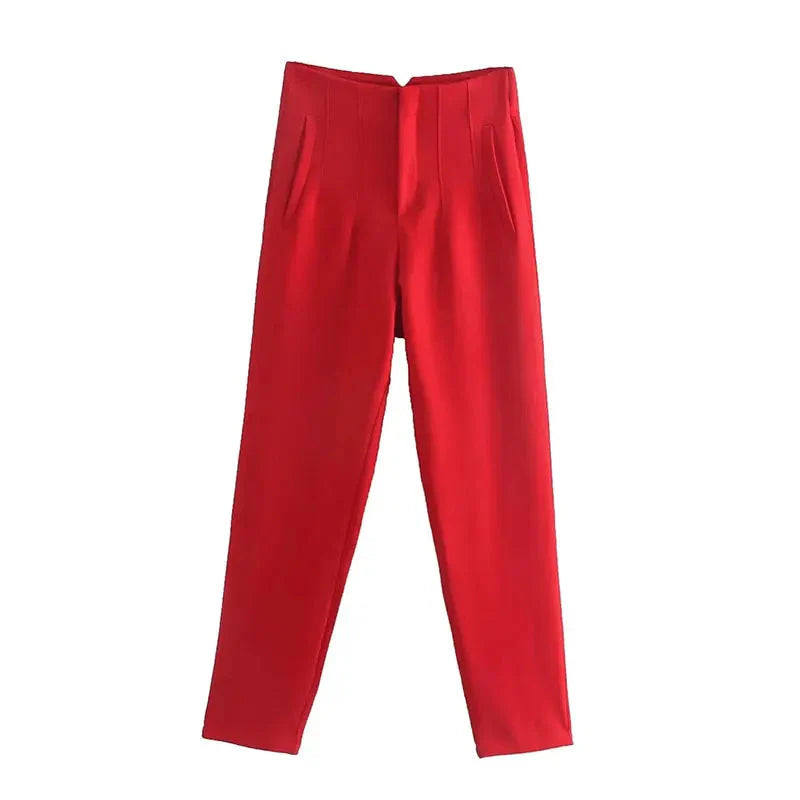 Women’s high waist slim casual trousers by Plush Fashion Hub, showing the fitted design in a neutral color.