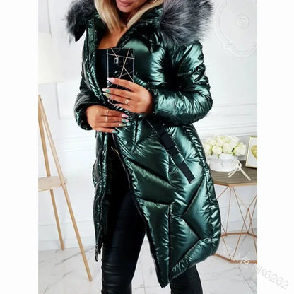 Mid-Length Overcoats Parkas Clothing Zipper Trend Glossy Parkas Outwear Women Big Fur Collar Slim Fit Thermal Fall Winter Coat.