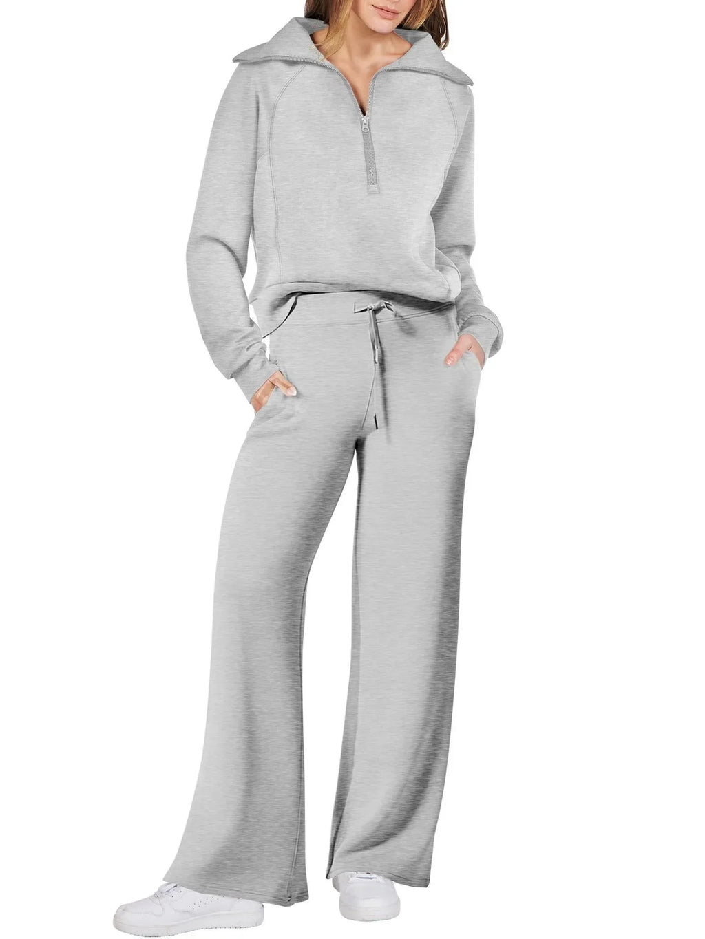 Women’s two-piece sweatshirt and wide-leg pants set by Plush Fashion Hub, casual loungewear in soft fabric with a relaxed fit.