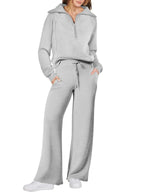 Women’s two-piece sweatshirt and wide-leg pants set by Plush Fashion Hub, casual loungewear in soft fabric with a relaxed fit.