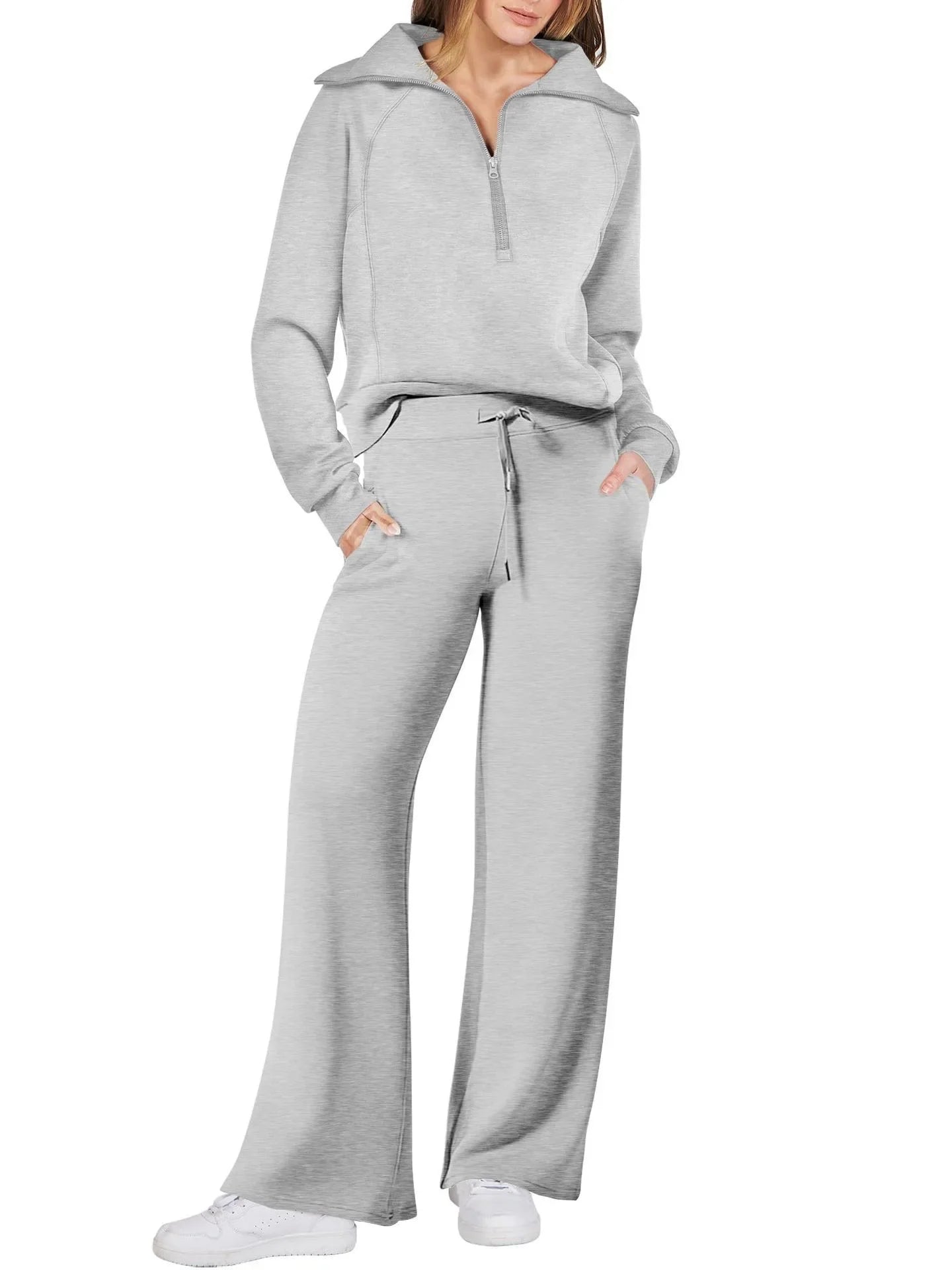 Women’s two-piece sweatshirt and wide-leg pants set by Plush Fashion Hub, casual loungewear in soft fabric with a relaxed fit.