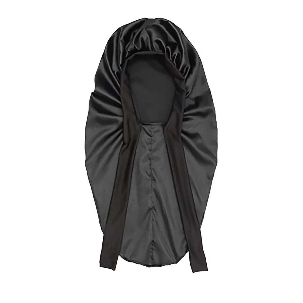 Plush Fashion Hub satin women’s sleep bonnet with long tail braid cover, ideal for hair protection during sleep or shower.