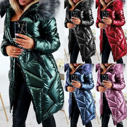 Ladies Mid-Length Zipper Trendi Glossy Parkas Outwear Big Fur Collar Slim Fit Thermal  Coat - Plush Fashion Shop #