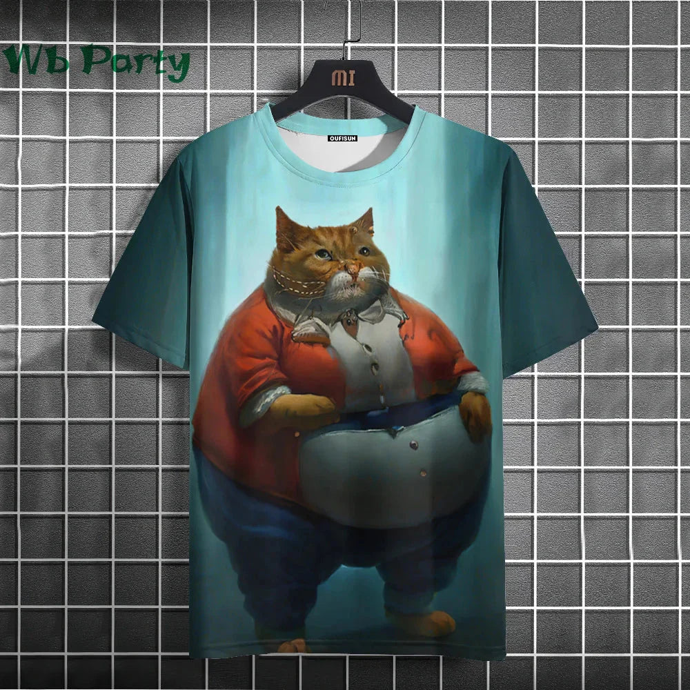 Y2K graphic cat print streetwear T-shirt by Plush Fashion Hub featuring colorful feline artwork on a casual shirt.