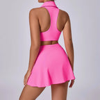 FitiqueFit seamless tennis skirt set with quick-dry activewear fabric, shown on a model ready for workout or tennis activities.