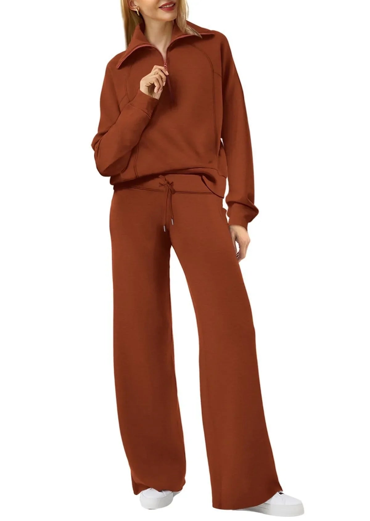 Women two-piece sweatshirt and wide-leg pants set by Plush Fashion Hub, featuring a comfortable and stylish casual outfit.