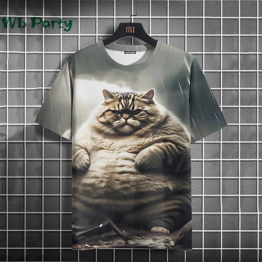Y2K cat print graphic T-shirt from Plush Fashion Hub, streetwear style with colorful cat design and bold print.