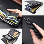 Personalized men's leather wallet with custom engraving, featuring multiple card slots and a sleek design from Trendy Attic Store01.