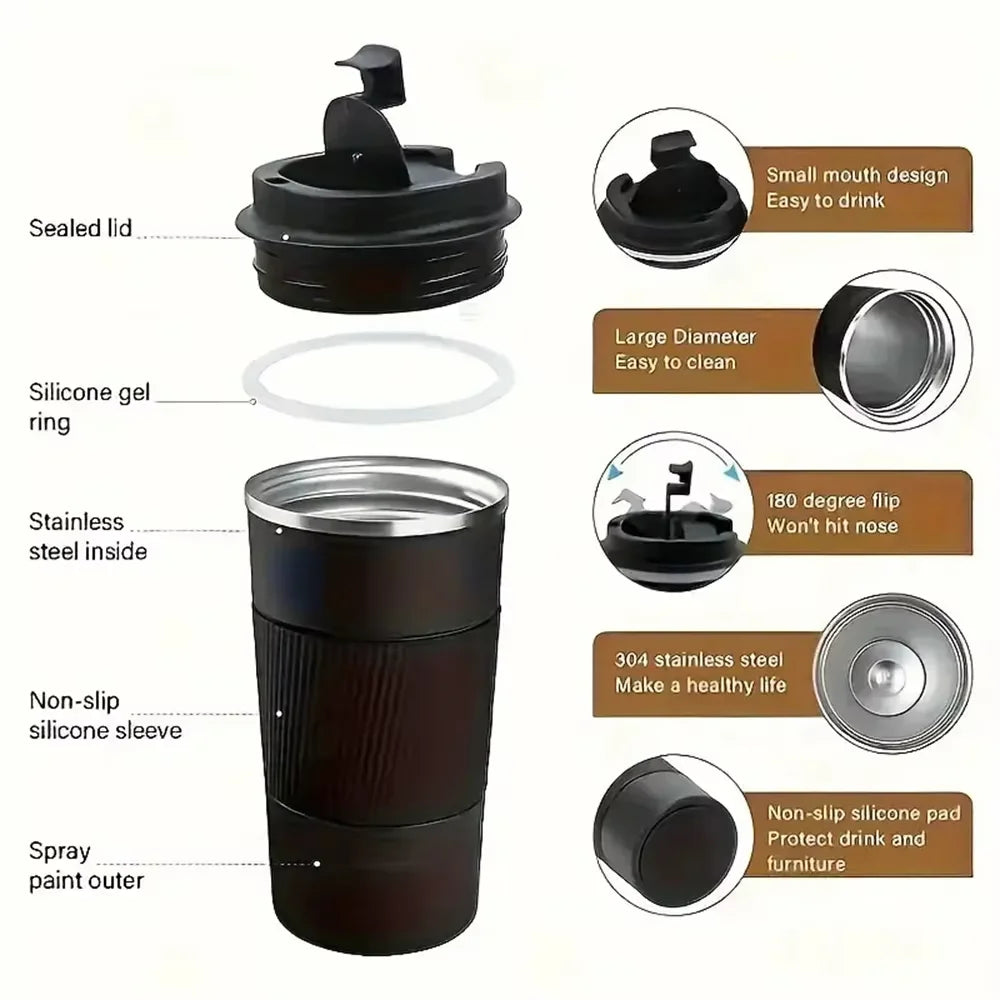 Stainless steel insulated travel mug with double-layer vacuum design, leak-proof lid, and portable sports outdoor thermos by Plush Fashion Hub.