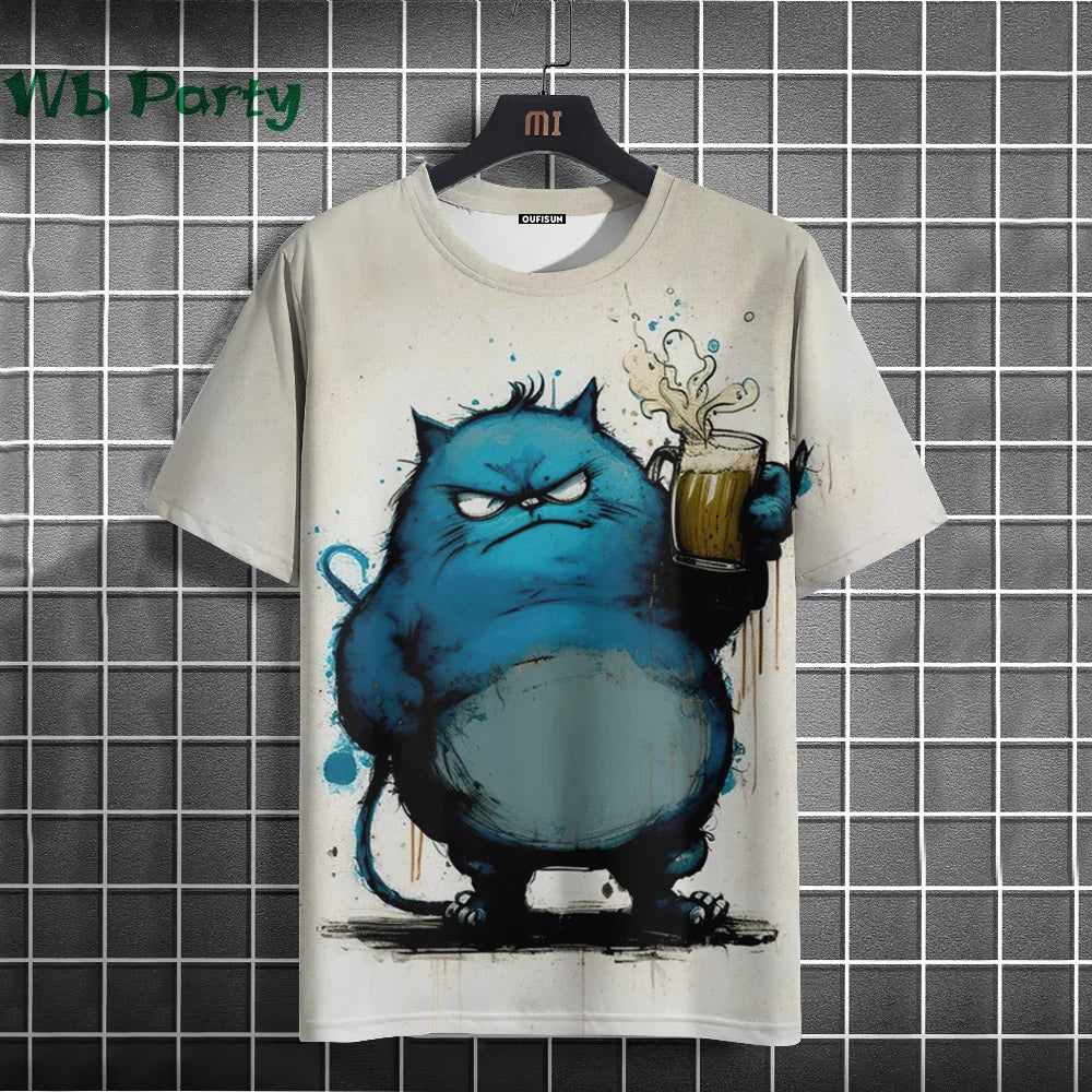 Yellow cat print Y2K graphic T-shirt by Plush Fashion Hub, streetwear style with bold feline design and vibrant colors.