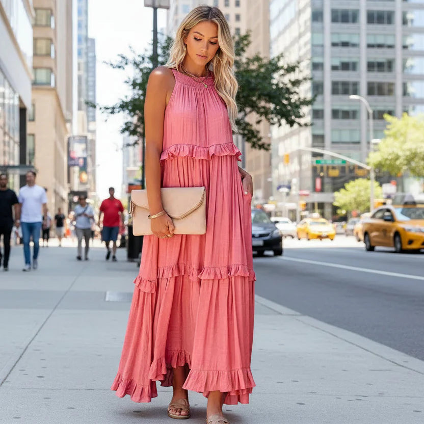 Elegant apricot ruffle maxi dress by FitiqueFit, casualwear style with flowing fabric and ruffled details, perfect for summer outings.