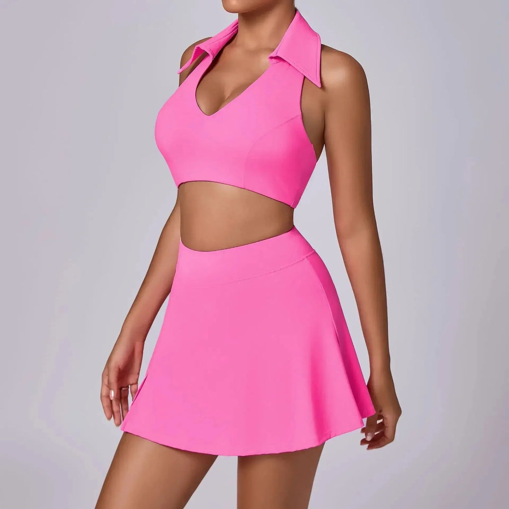 FitiqueFit seamless tennis skirt set with quick-dry activewear fabric, featuring a sporty skirt and matching top for workout comfort.