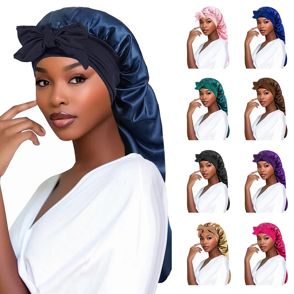 Plush Fashion Hub satin women’s sleep bonnet with long tail for braids, head covering, shower, sauna, and bath use.