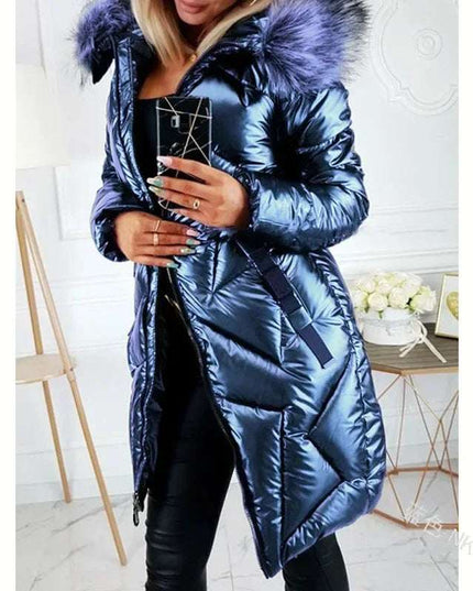 Ladies Mid-Length Zipper Trendi Glossy Parkas Outwear Big Fur Collar Slim Fit Thermal  Coat - Plush Fashion Shop #