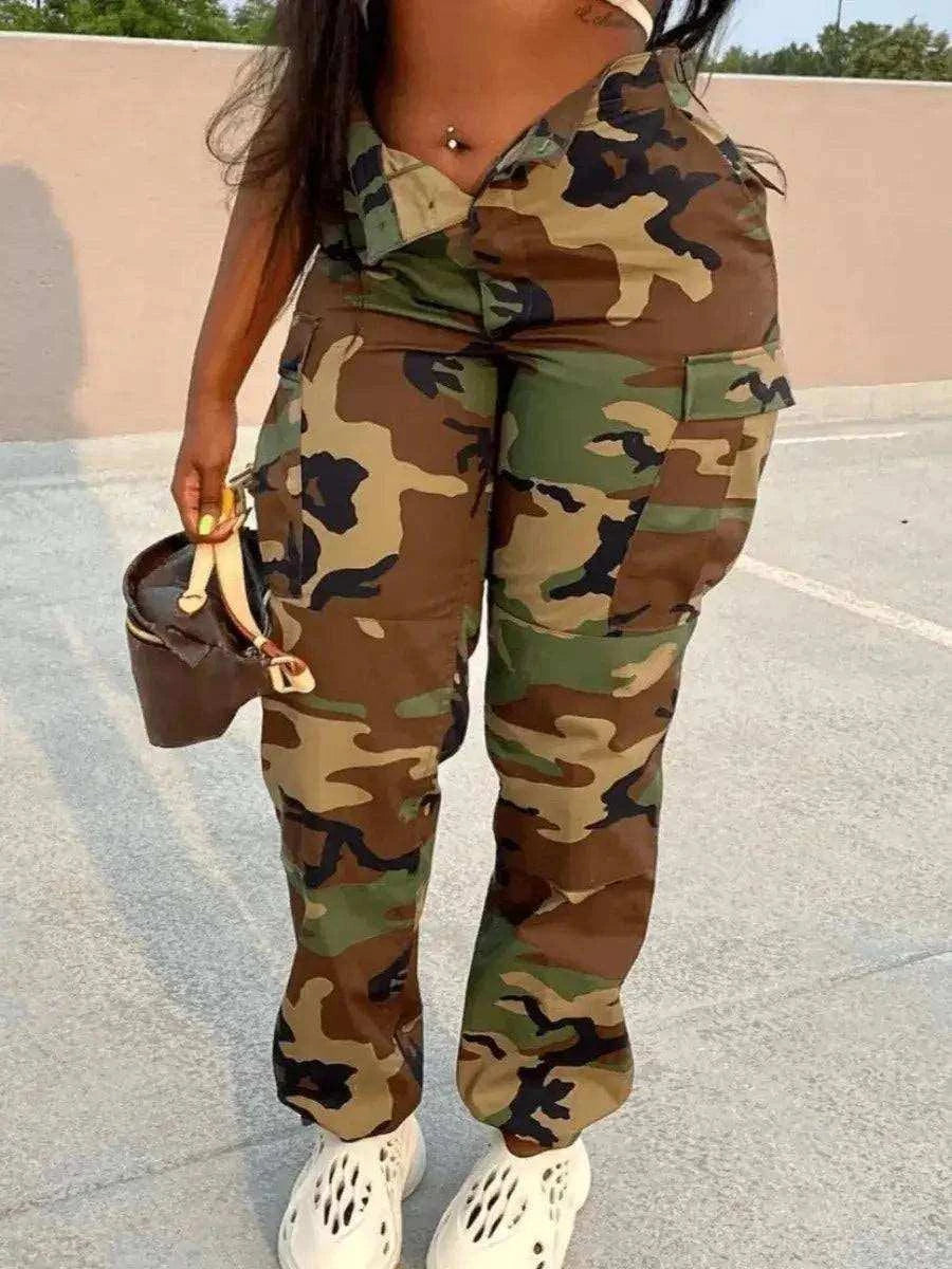 Camo Print Side Pocket Cargo Pants For WomenBe bold and confident with these Camo Print Side Pocket Cargo Pants for Women! Designed with a camouflage print and side pockets, these pants are both stylish and fuPantsPlush Fashions ShopPlush Fashion Shop