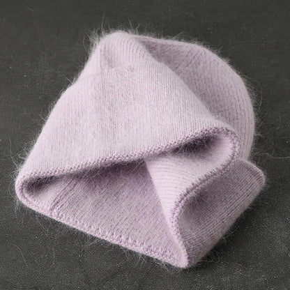 Women solid color fur knitted bonnet, warm ski sullies beanie in soft lavender, perfect for winter comfort.