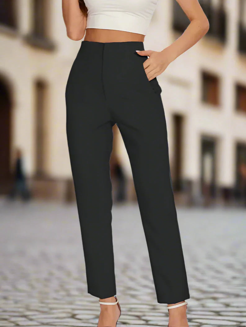 Women’s high waist slim trousers in casualwear style from Plush Fashion Hub, shown in a neutral color with a fitted silhouette.