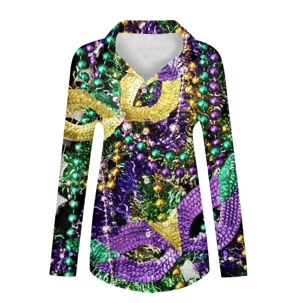 Mardi Gras women's V-neck long sleeve carnival print shirt by FitiqueFit, featuring colorful festive Mardi Gras designs.