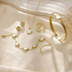 Plum Blossom Plant five-leaf necklace and earring set with floral design, jewelry set from Plush Fashion Hub, shown on a white background.