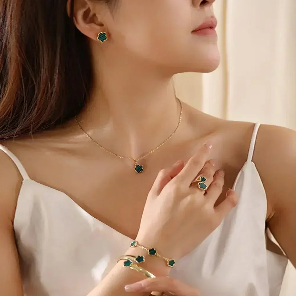 Plum Blossom Plant necklace and earring set with five leaf flower design, jewelry set by Plush Fashion Hub.