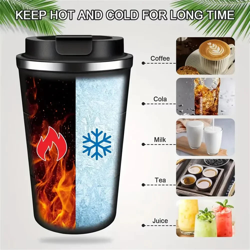 Stainless steel insulated travel mug with double-layer leak-proof lid, portable vacuum bottle for sports and outdoor use