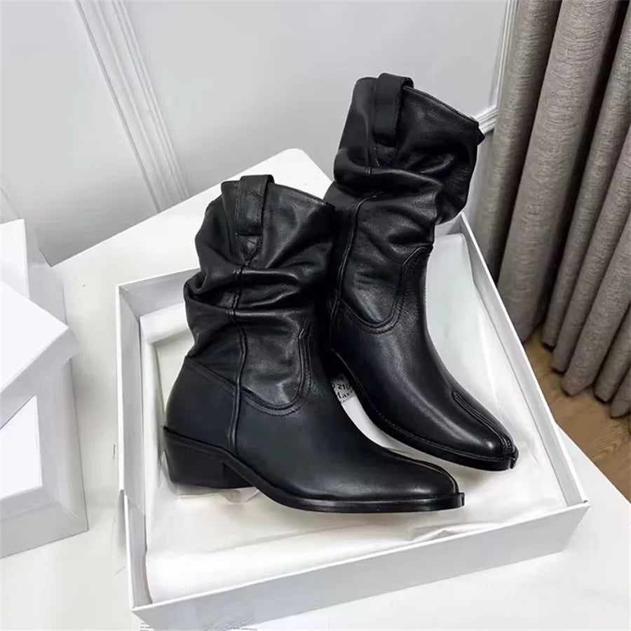 Designer Split Toe Pleated Women Short Boots Low Heel Spring Autumn Tabi Shoes Slip-on Cowboy Knight Botas Mujer.