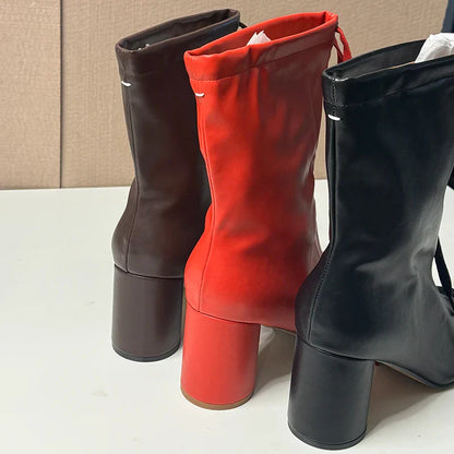 2025 Chunky High Heel  Women Boots Winter Short Ankle Boots Slip-On Designer High Boots Real Leather.