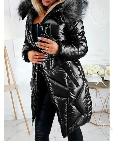 Ladies Mid-Length Zipper Trendi Glossy Parkas Outwear Big Fur Collar Slim Fit Thermal  Coat - Plush Fashion Shop #