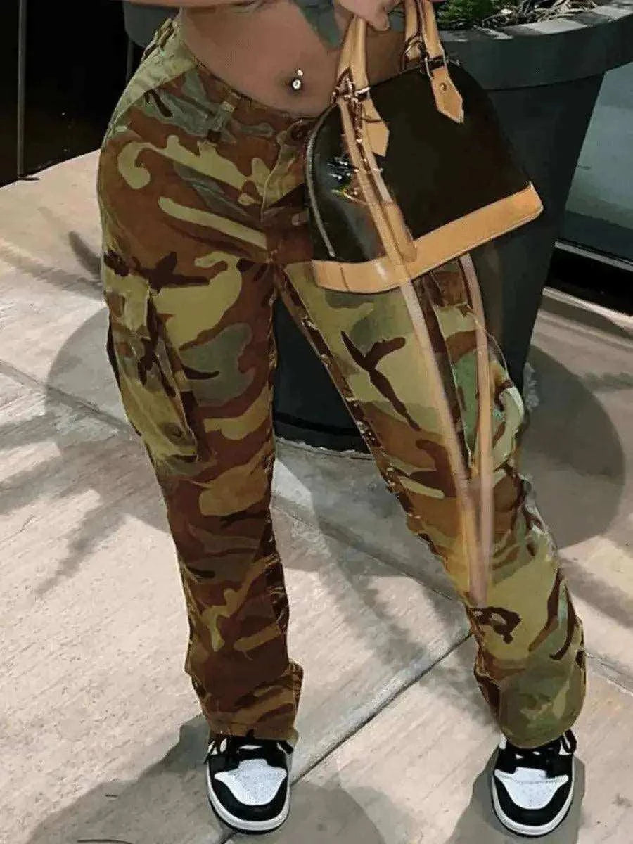 Camo Print Side Pocket Cargo Pants For WomenBe bold and confident with these Camo Print Side Pocket Cargo Pants for Women! Designed with a camouflage print and side pockets, these pants are both stylish and fuPantsPlush Fashions ShopPlush Fashion Shop