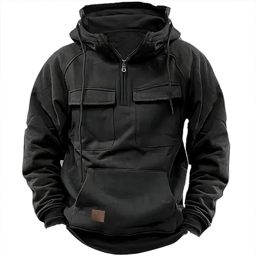 Autumn Winter New Men's Hooded Solid Color Youth Sports Multi Pocket Patch Leather Hoodie Jacket for Men.