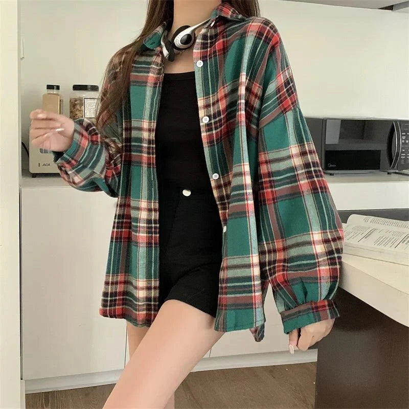 Plaid Shirt Women Autumn Long Sleeve  Vintage Fashion Single Breasted Elevate your wardrobe with our Plaid Shirt! The perfect combination of vintage fashion and modern comfort, this single breasted blouse features a stylish plaid desigShirtsPlush Fashions ShopPlush Fashion Shop