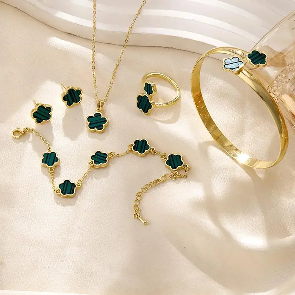 Plum Blossom Plant five leaf necklace and earring set from Plush Fashion Hub, featuring floral jewelry with five-leaf design.