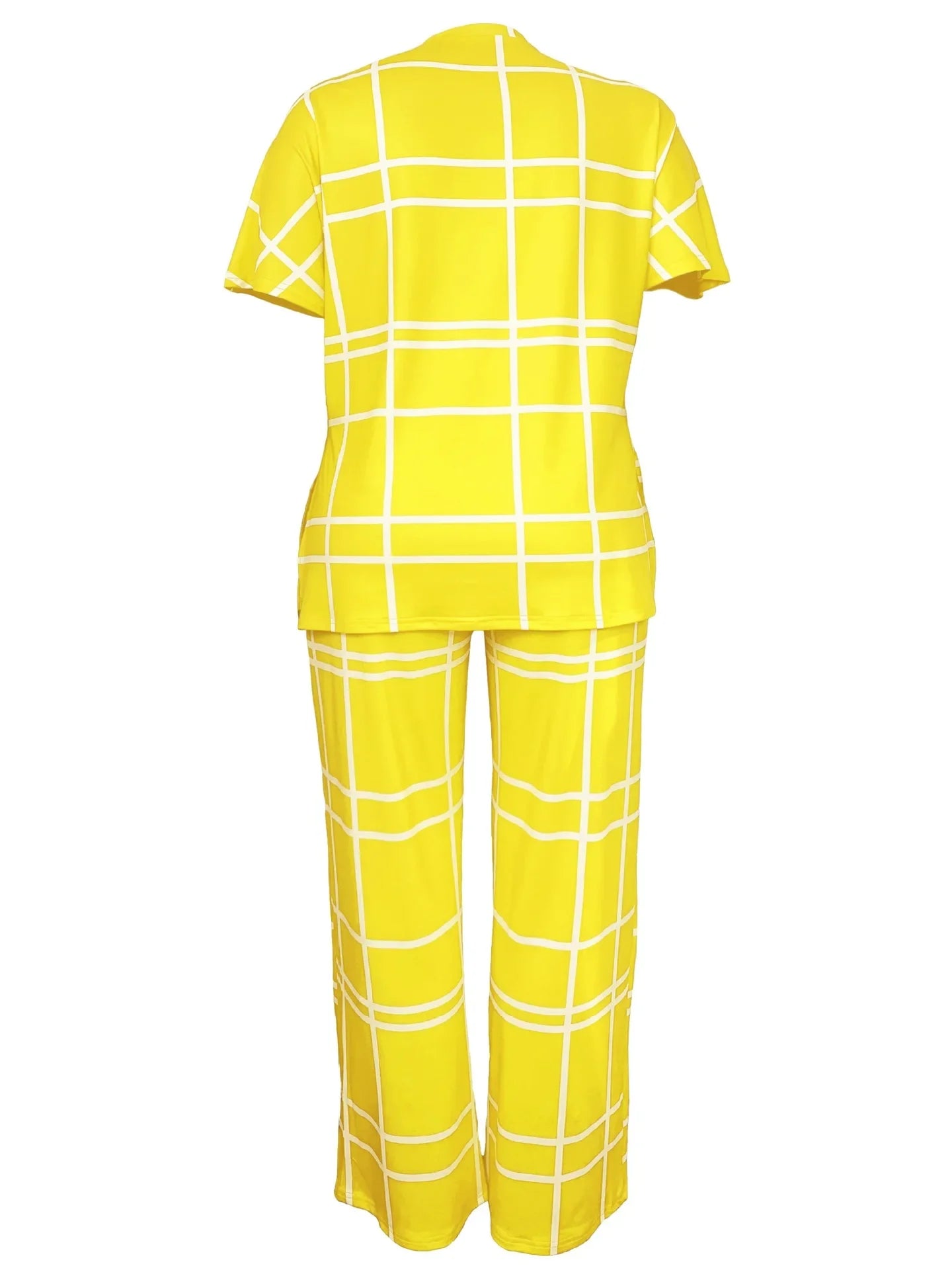 Plus size women’s two-piece casual outfit by Plush Fashion Hub featuring a striped grid printed round neck top and matching pants.