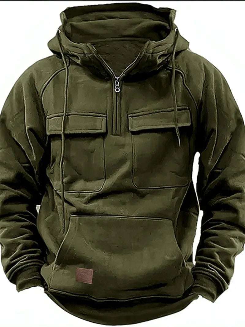 New Men's Hooded Solid Color Multi Pocket Patch Hoodie - Plush Fashion Shop #