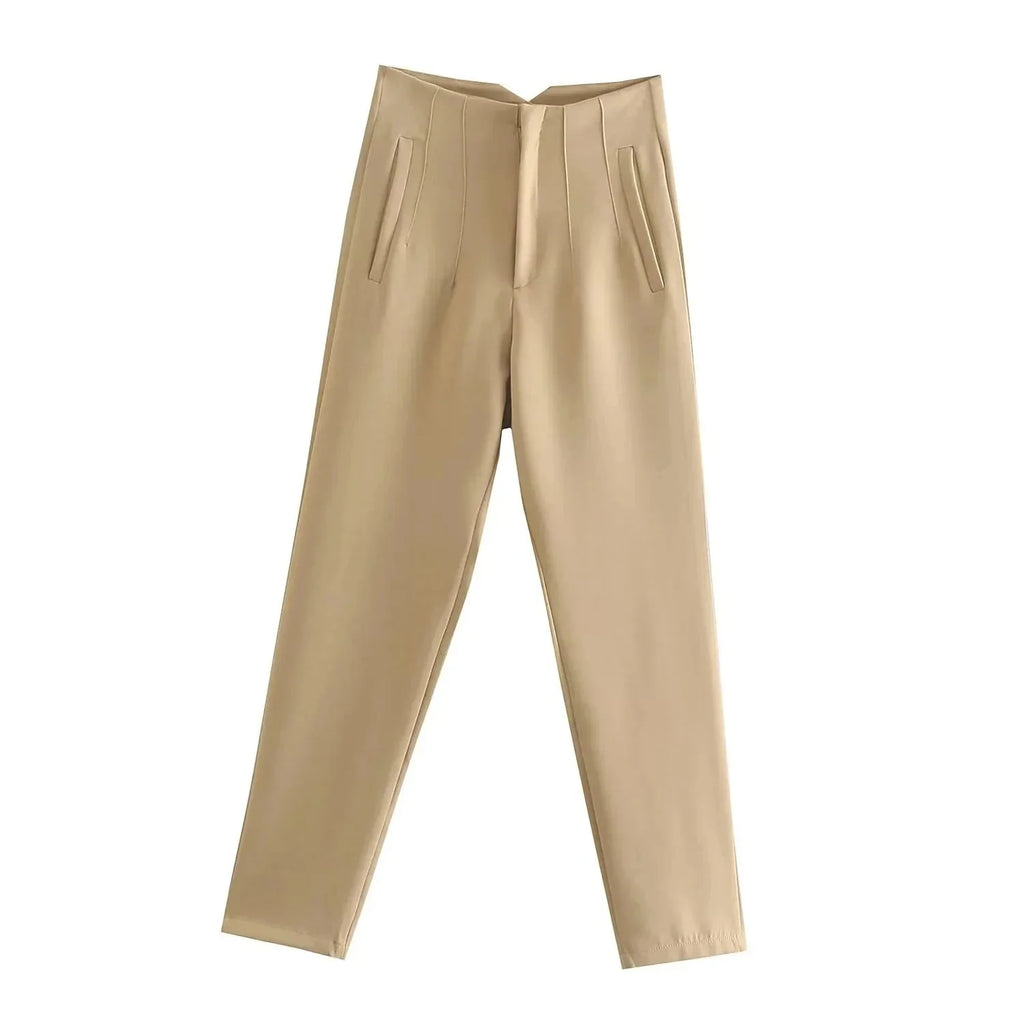 Women’s high waist slim casual trousers by Plush Fashion Hub, showcasing a fitted style in neutral fabric.