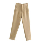 Women’s high waist slim casual trousers by Plush Fashion Hub, showcasing a fitted style in neutral fabric.
