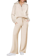 Women two-piece sweatshirt and wide-leg pants set by Plush Fashion Hub, showcasing a comfortable and stylish casual outfit.