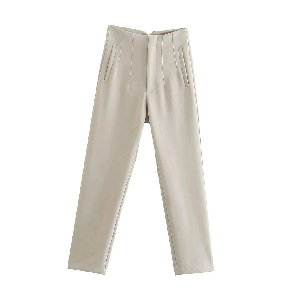 Women’s high waist slim casual trousers by Plush Fashion Hub, showcasing a fitted look and classic design in a neutral color.