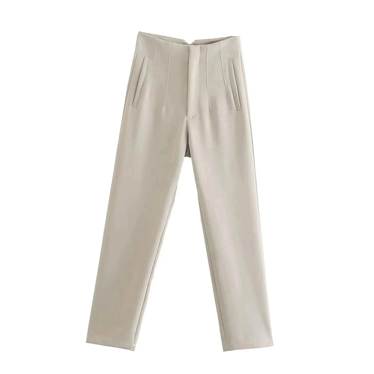 Women’s high waist slim casual trousers by Plush Fashion Hub, showcasing a fitted look and classic design in a neutral color.