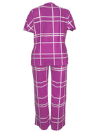 Plus size women's two-piece set by Plush Fashion Hub featuring a striped grid printed casual round neck top and matching pants.