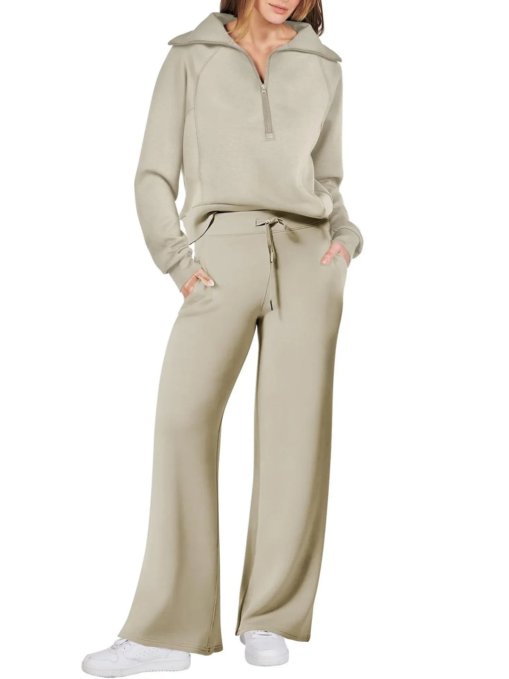 Women two-piece sweatshirt and wide-leg pants set by Plush Fashion Hub, casual loungewear with comfortable, relaxed fit.