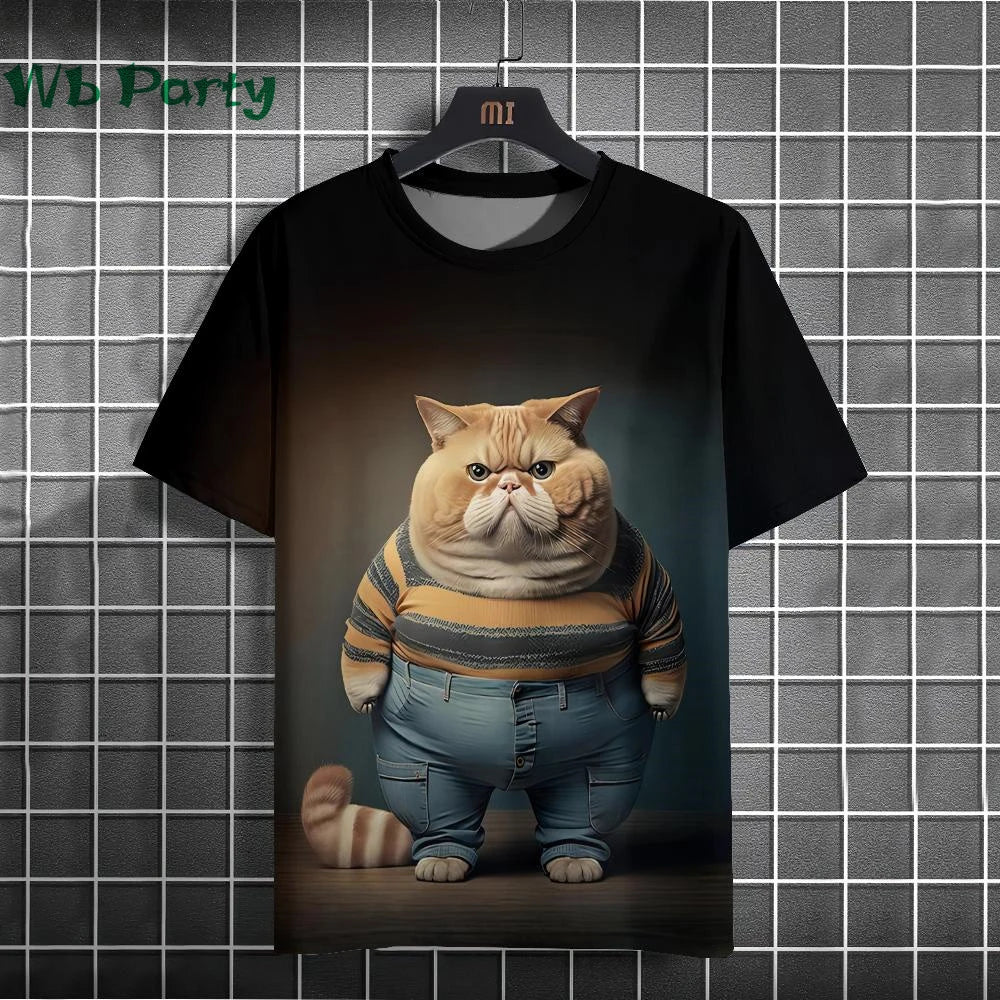 Cat print Y2K graphic T-shirt by Plush Fashion Hub, featuring colorful streetwear design with playful feline artwork.