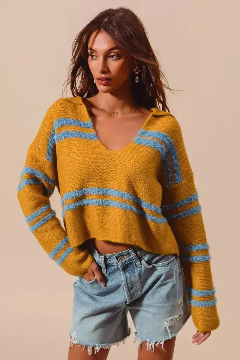 Soft knit fuzzy striped deep U-neck women's sweater by Plush Fashion Hub, featuring a cozy, plush texture and relaxed fit.