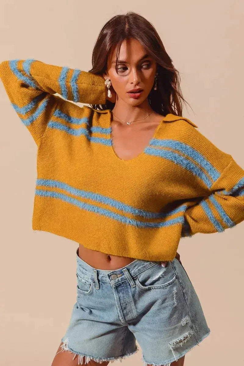 Fuzzy striped deep U-neck women's sweater in soft knit, plush fashion brand, featuring cozy, fuzzy hair texture and relaxed fit.