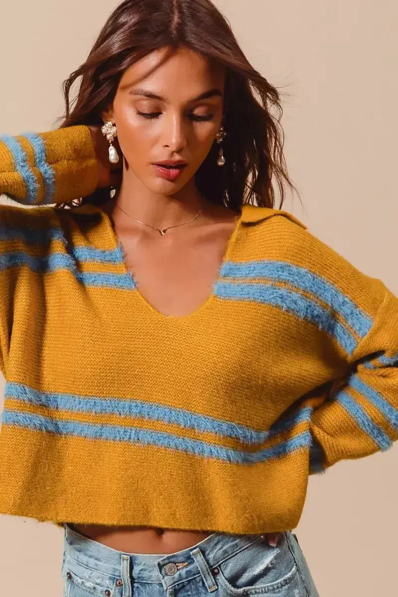 Fuzzy striped deep U-neck women's sweater in soft knit, featuring plush fuzzy hair texture, from Plush Fashion Hub.