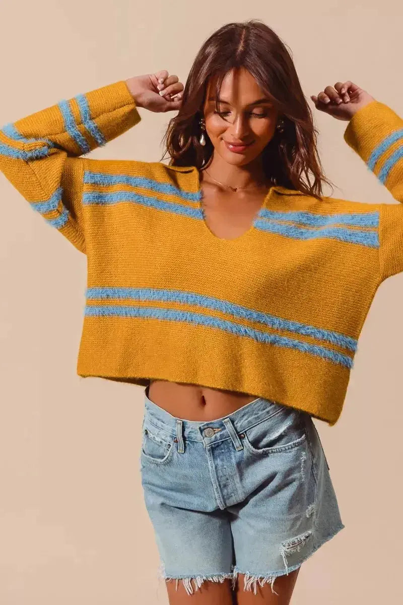 Fuzzy striped deep U-neck women's sweater in soft knit, featuring a cozy, plush texture and relaxed fit from Plush Fashion Hub.