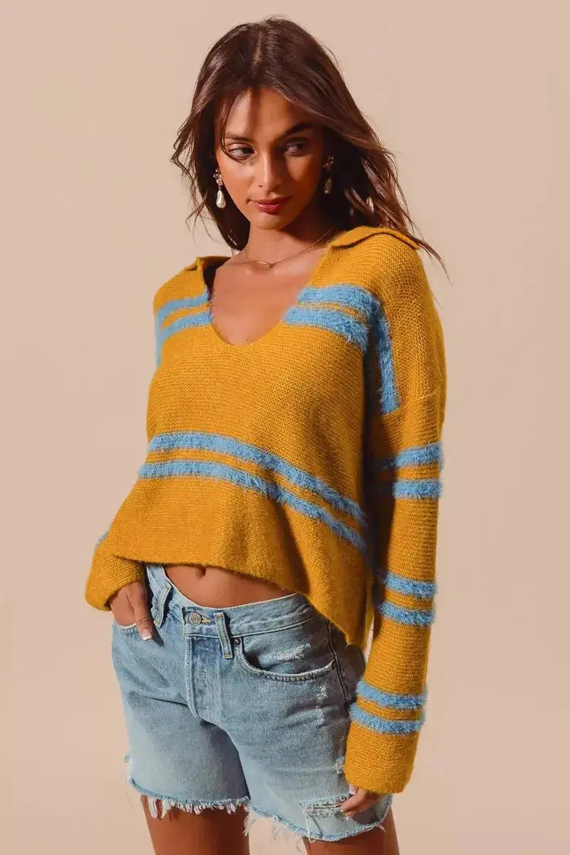 Fuzzy striped deep U-neck women's sweater in soft knit, featuring plush fabric and cozy style from Plush Fashion Hub.