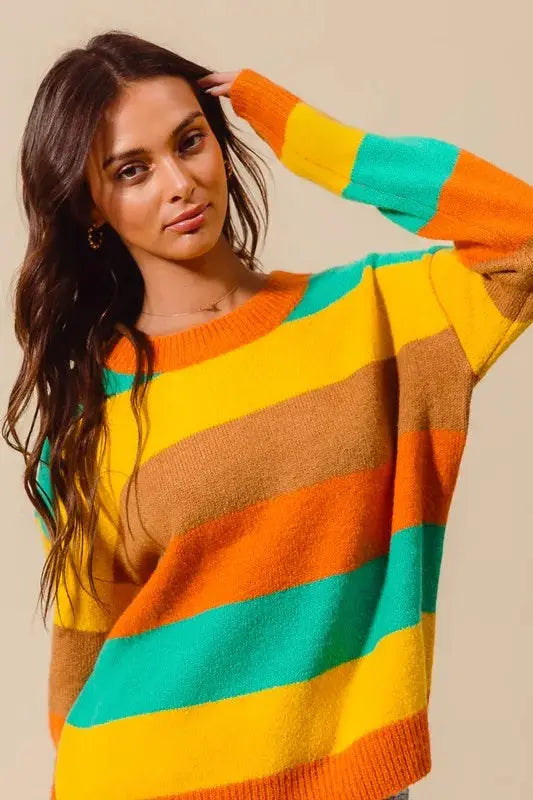 SO ME Multi Color Stripe Sweater with Ribbed Detail - Plush Fashion Hub