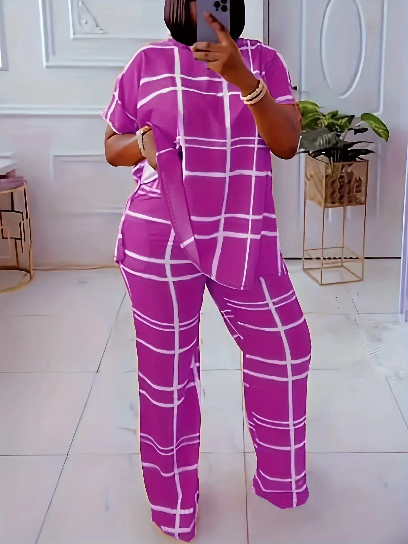 Plus size women’s casual two-piece set with striped grid print and round neck top from Plush Fashion Hub.